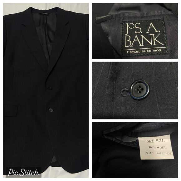 Jos A Bank Blazer Suit Jacket Sport Coat 100% Wool 52L Black Pin Stripe EUC - Picture 1 of 11